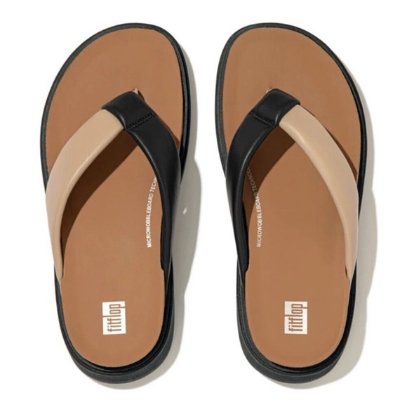 FitFlop GEN-FF Padded-Strap Leather Toe-Post Sandals Latte Beige/Black Size 10 - Picture 1 of 10
